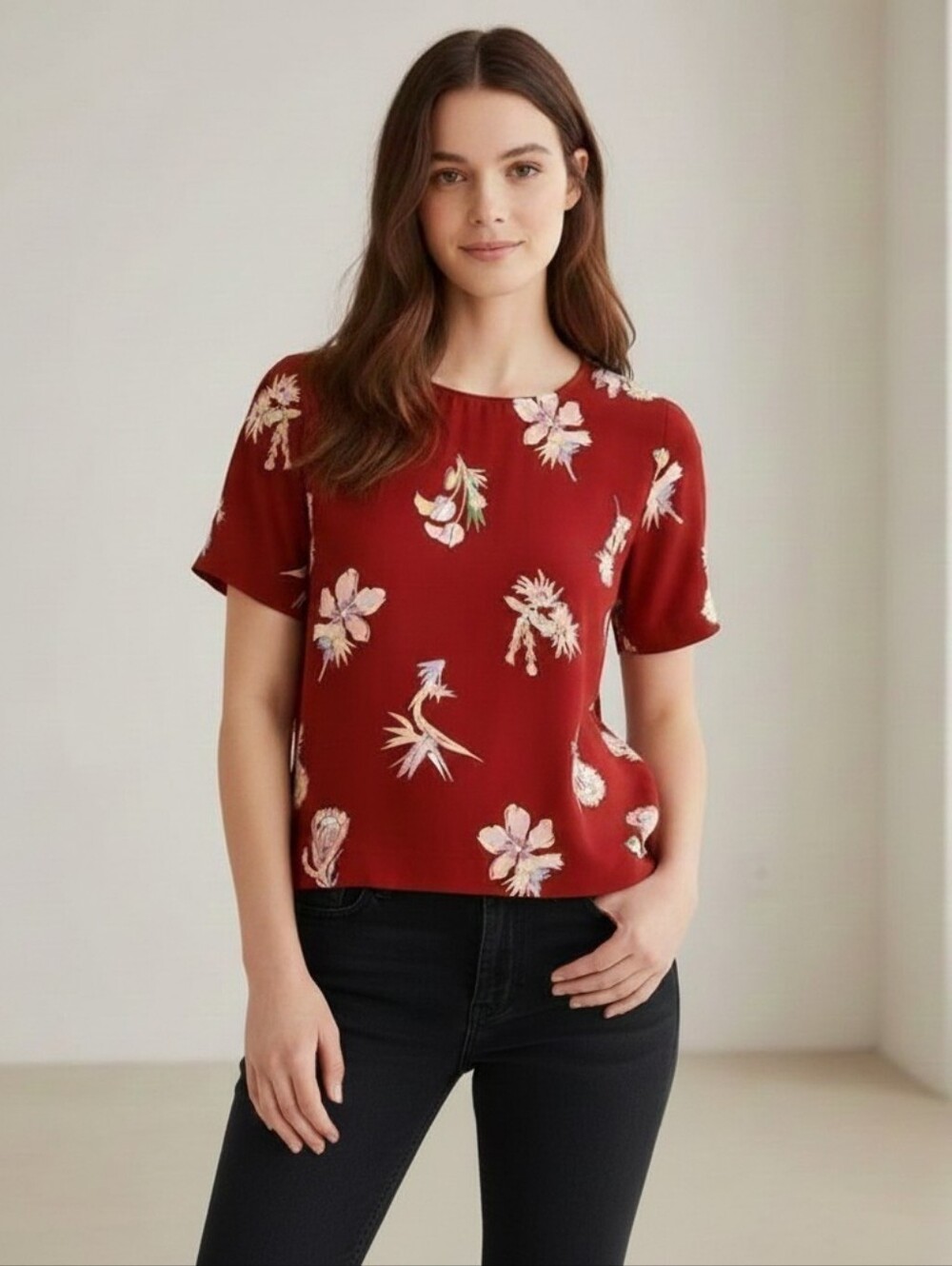 Madewell Crimson Red Bird of Paradise Button Back Cropped Shirt
